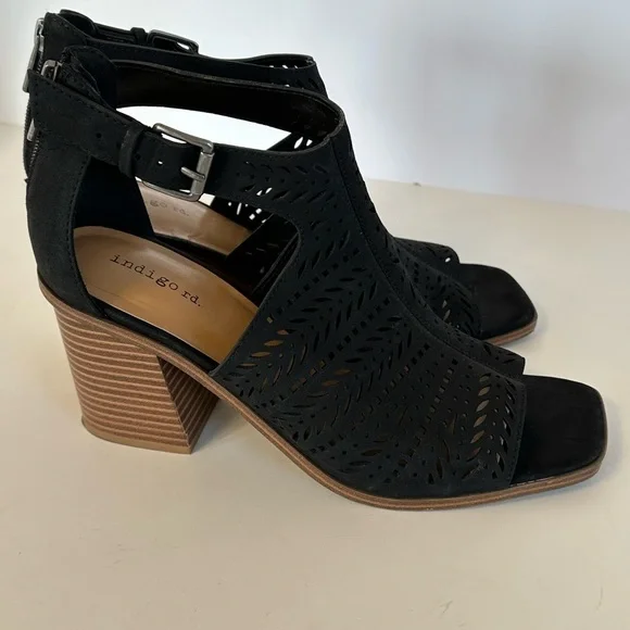 Indigo Rd. Boho Black Zip Back Peep Toe Block Heeled Sandals Sz 9.5 M - Picture 2 of 8
